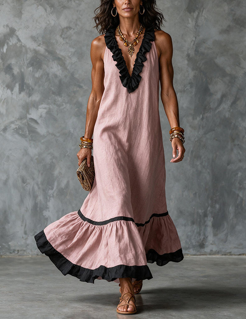 Women’s Sleeveless Maxi Dress with Ruffle Trim Neckline
