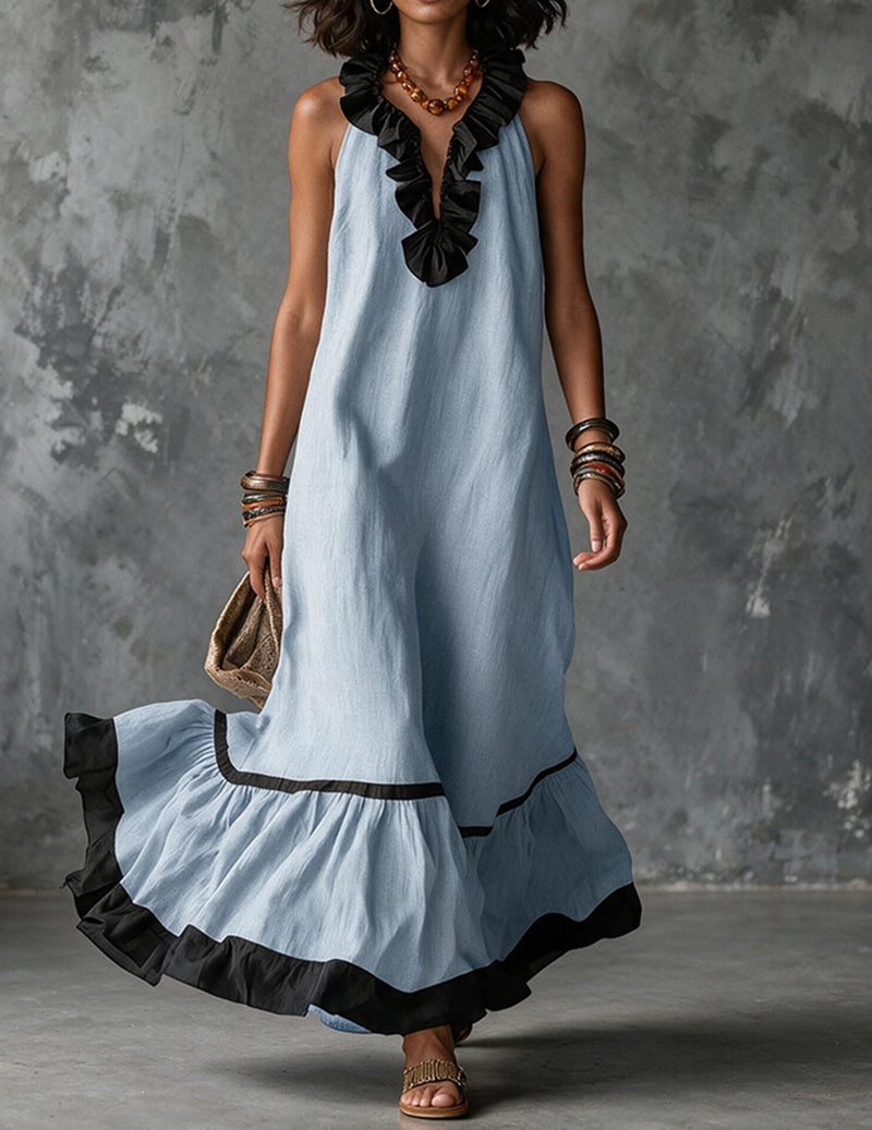 Women’s Sleeveless Maxi Dress with Ruffle Trim Neckline