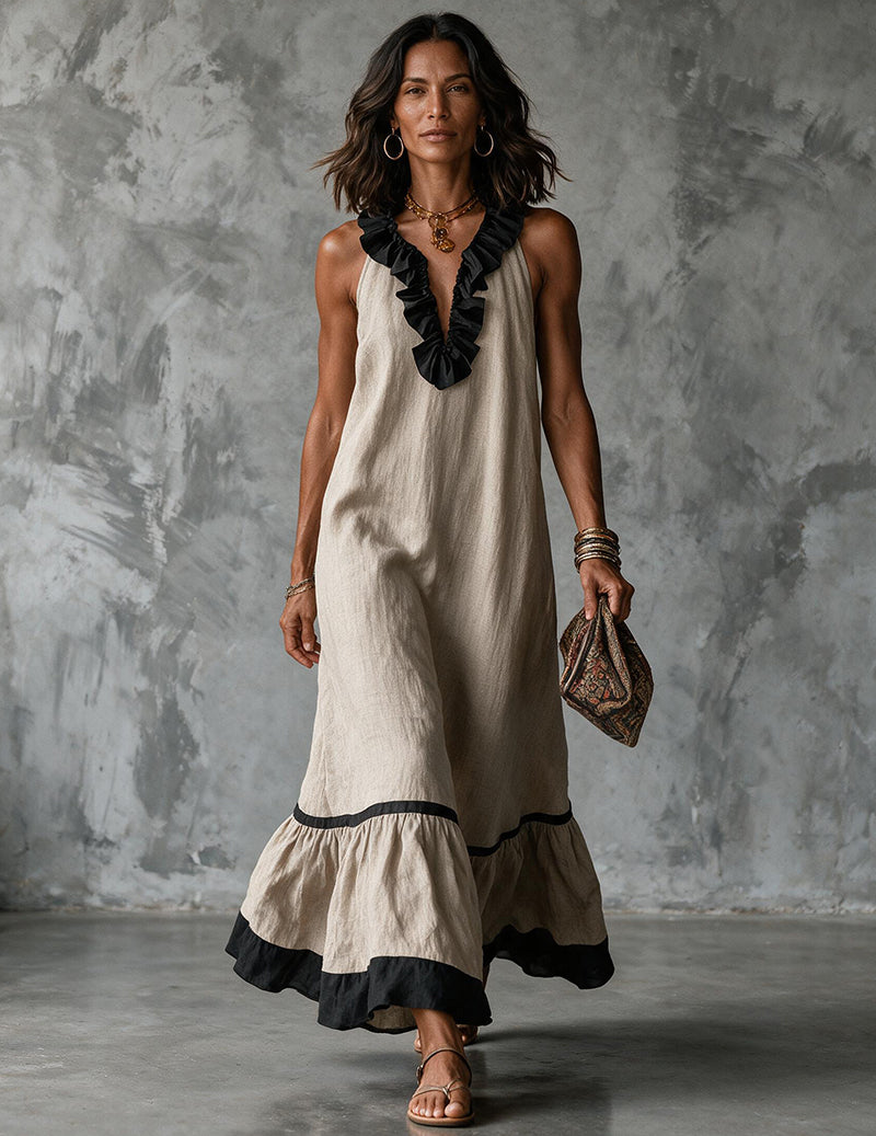Women’s Sleeveless Maxi Dress with Ruffle Trim Neckline