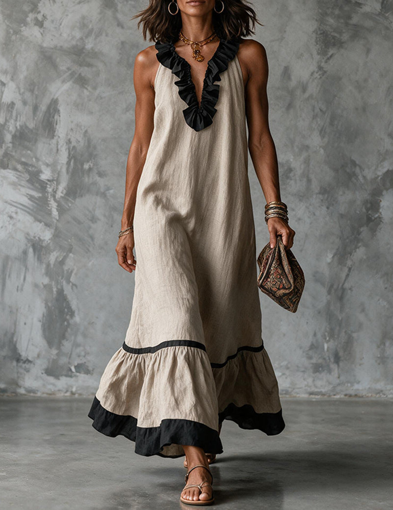 Women’s Sleeveless Maxi Dress with Ruffle Trim Neckline