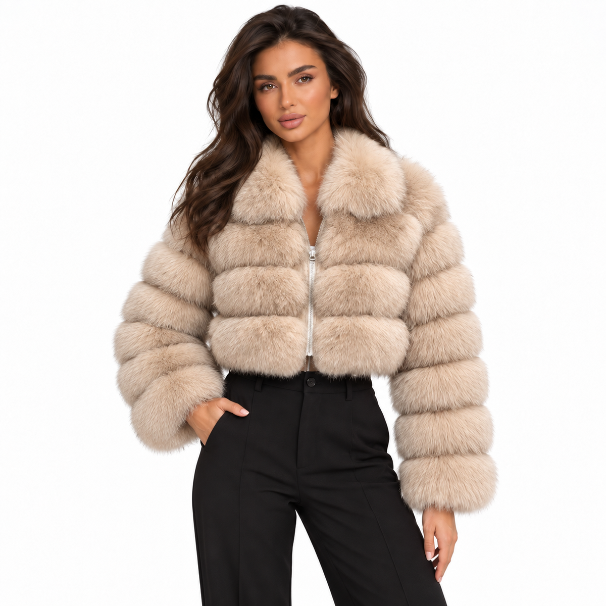 Damesjas van imitatiebont met kort model - zachte jas met revers voor herfst- en winteravonden