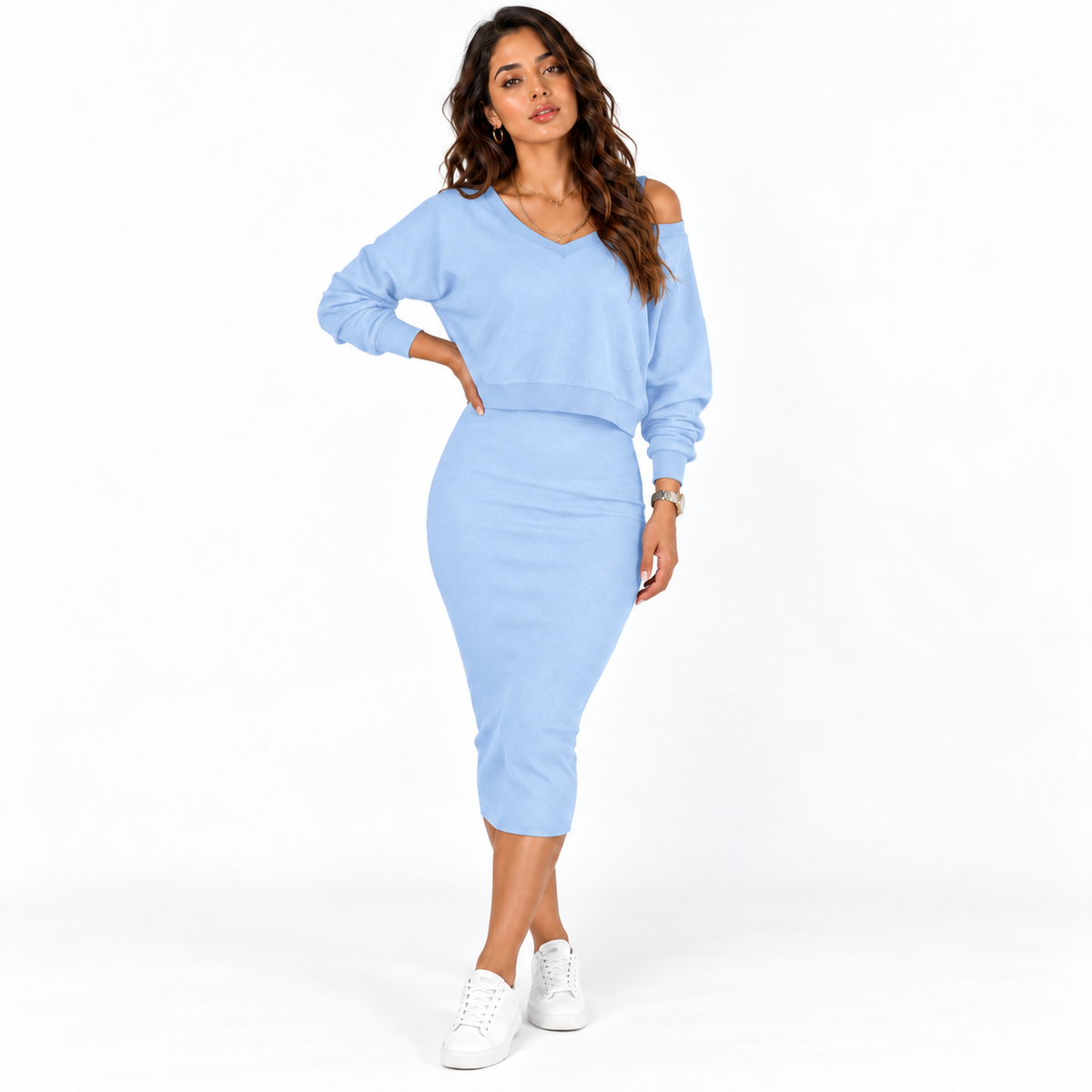Women’s Knitted Two-Piece Dress Set – V-Neck Long-Sleeve Sweater and Fitted Midi Dress for Smart Casual Wear