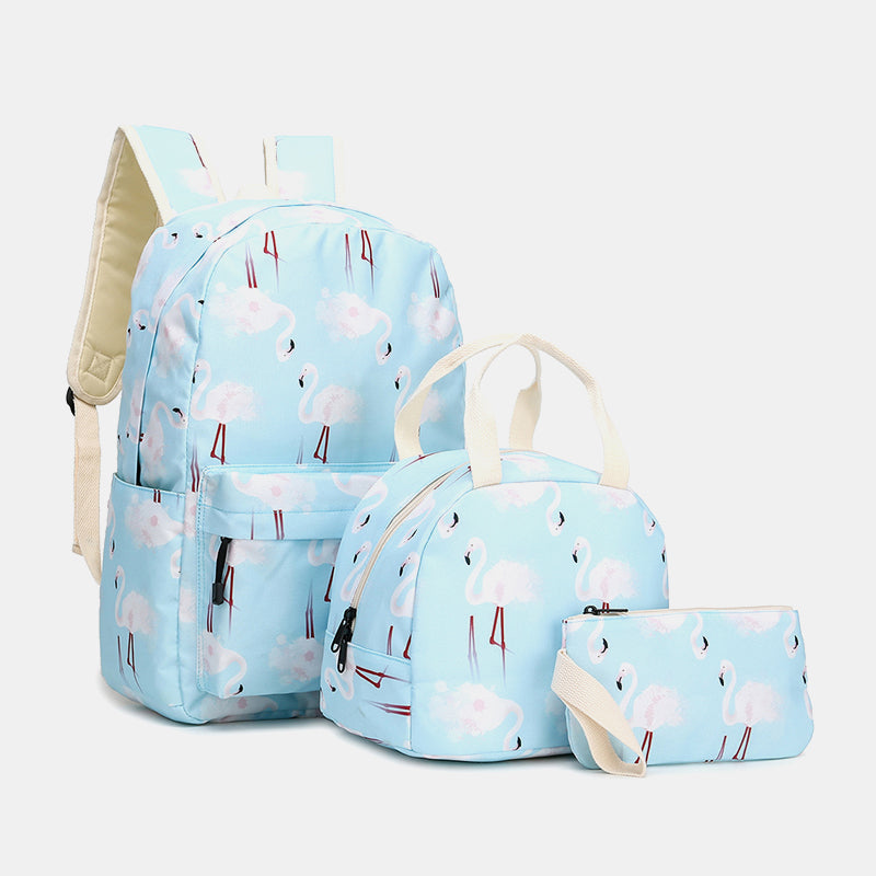 Women’s Three-Piece Flamingo Backpack Set – School Bag with Lunch Bag and Matching Pouch