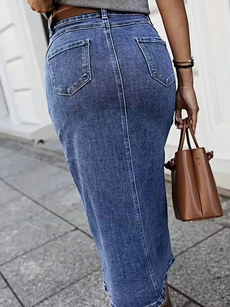 Fustă midi din denim pentru femei, cu nasturi în față și talie înaltă