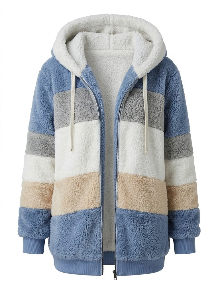 Veste à capuche pour femme en polaire teddy bicolore – couche chaude zippée pour l’hiver