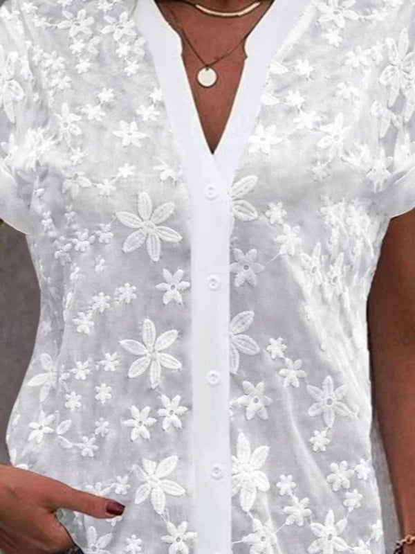 Women’s Embroidered Summer Blouse – Lightweight Short-Sleeve Button Front for Holidays and Everyday Wear