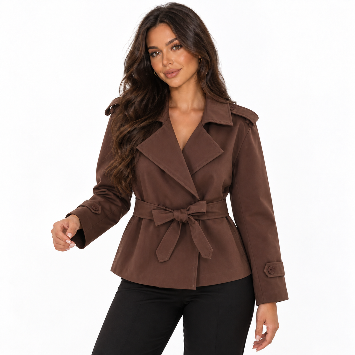 Trench corto doppiopetto da donna - Capo morbido con cintura per look casual eleganti e uso quotidiano nei periodi di transizione