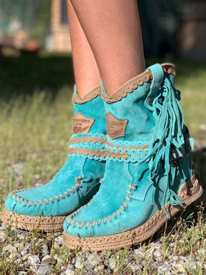 Stivaletti boho da donna alla caviglia – stile western con frange per un look casual