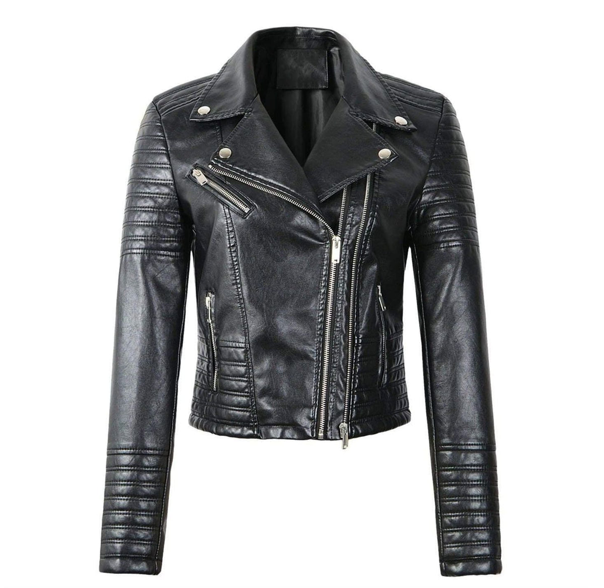Chaqueta motera de cuero entallada para mujer – Prenda motera acolchada con cremallera para un estilo informal elegante