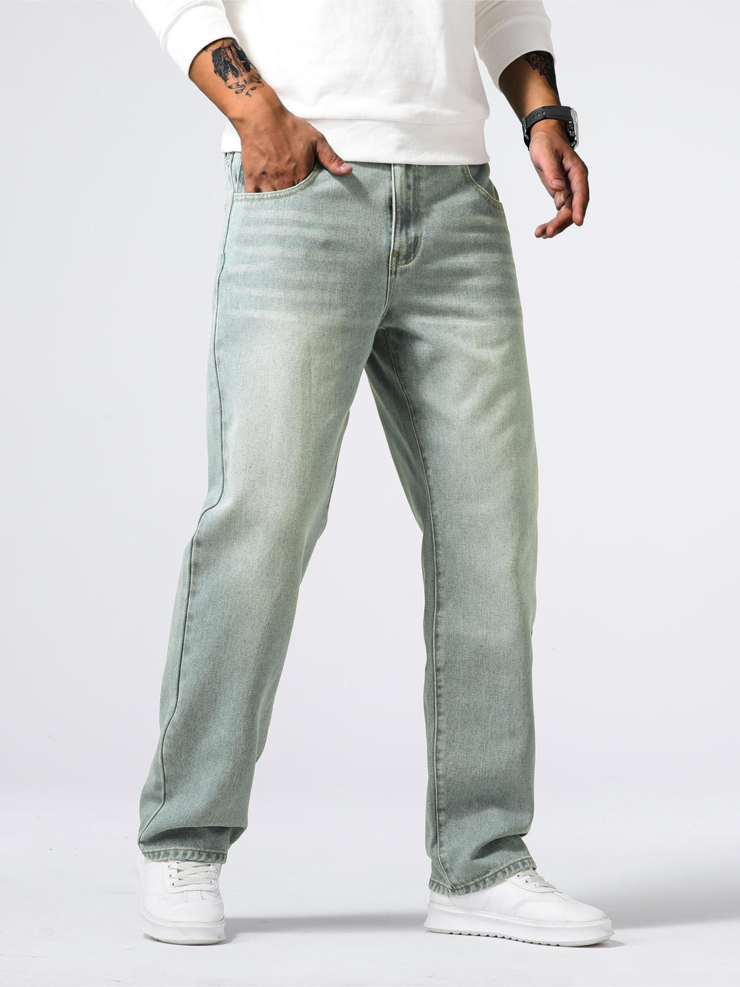Jeans da uomo in denim, gamba dritta, lavaggio blu, vestibilità quotidiana