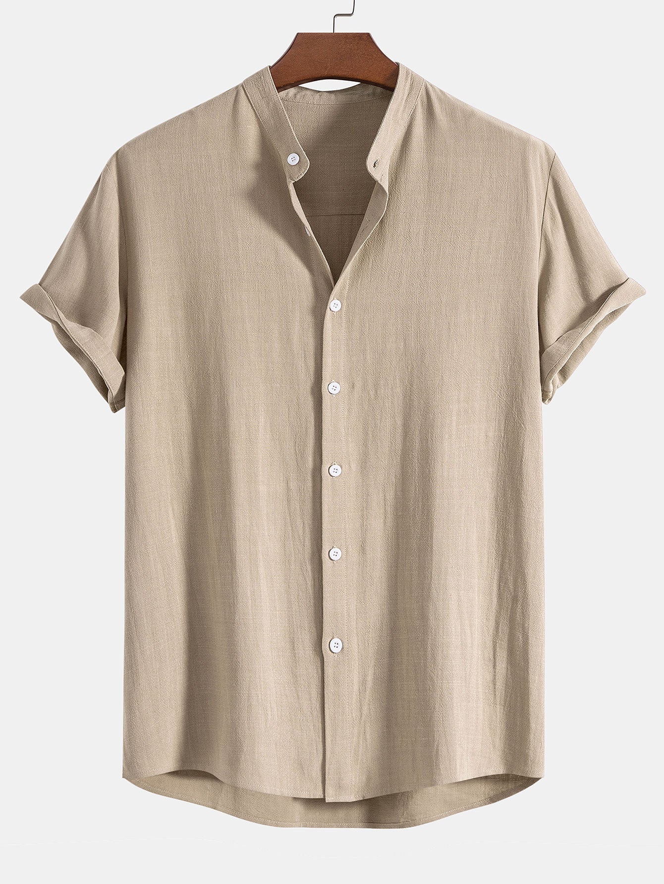 Men’s Linen Blend Summer Co-Ord – Stand Collar Shirt with Straight-Leg Trousers