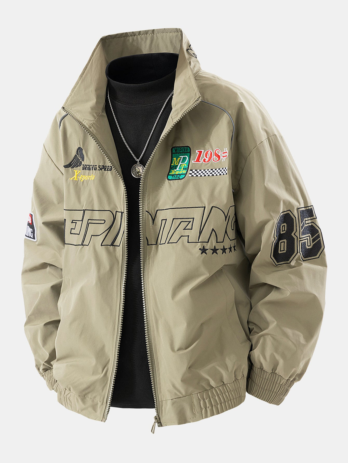 Męska kurtka bomberka z haftem inspirowanym wyścigami samochodowymi, ze stójką - luźna, zapinana na zamek odzież wierzchnia w stylu streetwear na jesień