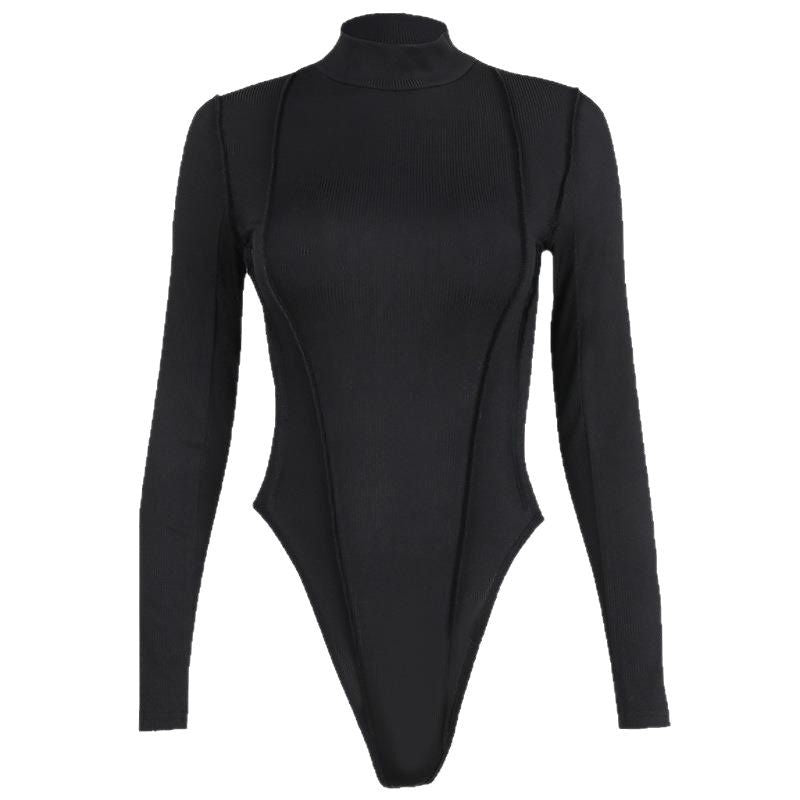 Body cu mâneci lungi și guler înalt pentru femei, cu model nervurat, esențial