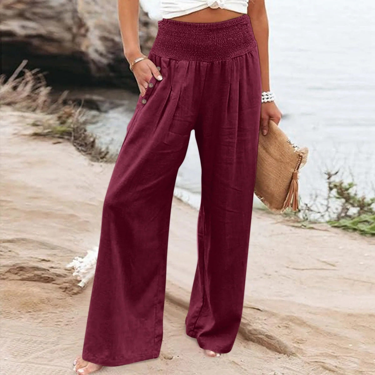 Pantalon palazzo ample pour femme à taille haute smockée et poches latérales – pantalon fluide et décontracté pour les vacances d’été et le quotidien