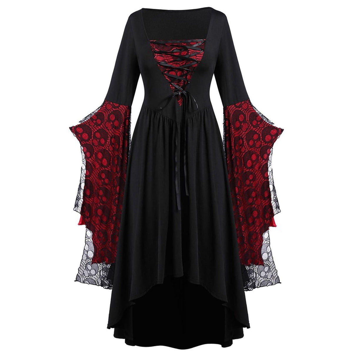 Maxi-jurk met kanten mouwen en verschillende zoomlengtes voor dames - avondjurk met vierkante hals en veterdetail voor themafeesten en speciale gelegenheden