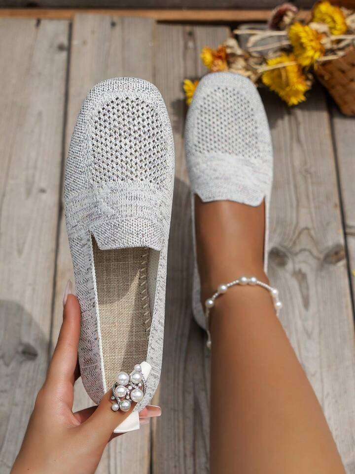 Gestrickte Loafer-Ballerinas für Damen mit eckiger Spitze – Schlupfschuhe mit Lochmuster für den gepflegten Freizeitlook