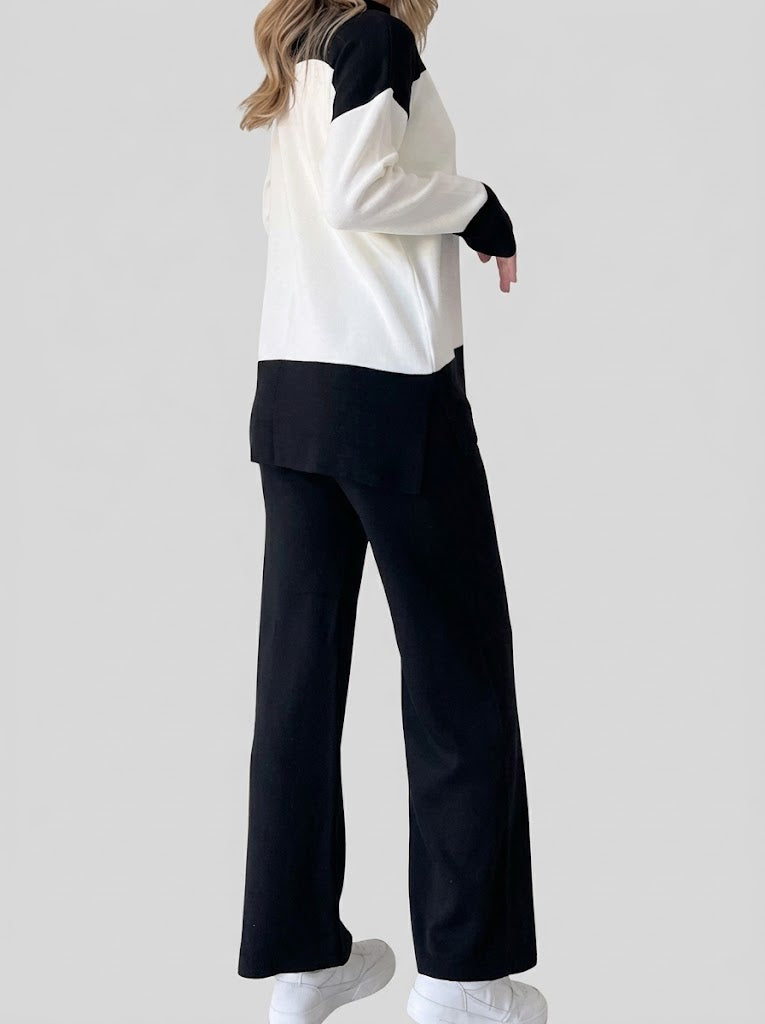 Damen-Strick-Zweiteiler im Colour-Block-Design – Langarmtop mit Stehkragen und Hose mit weitem Bein für legere Looks