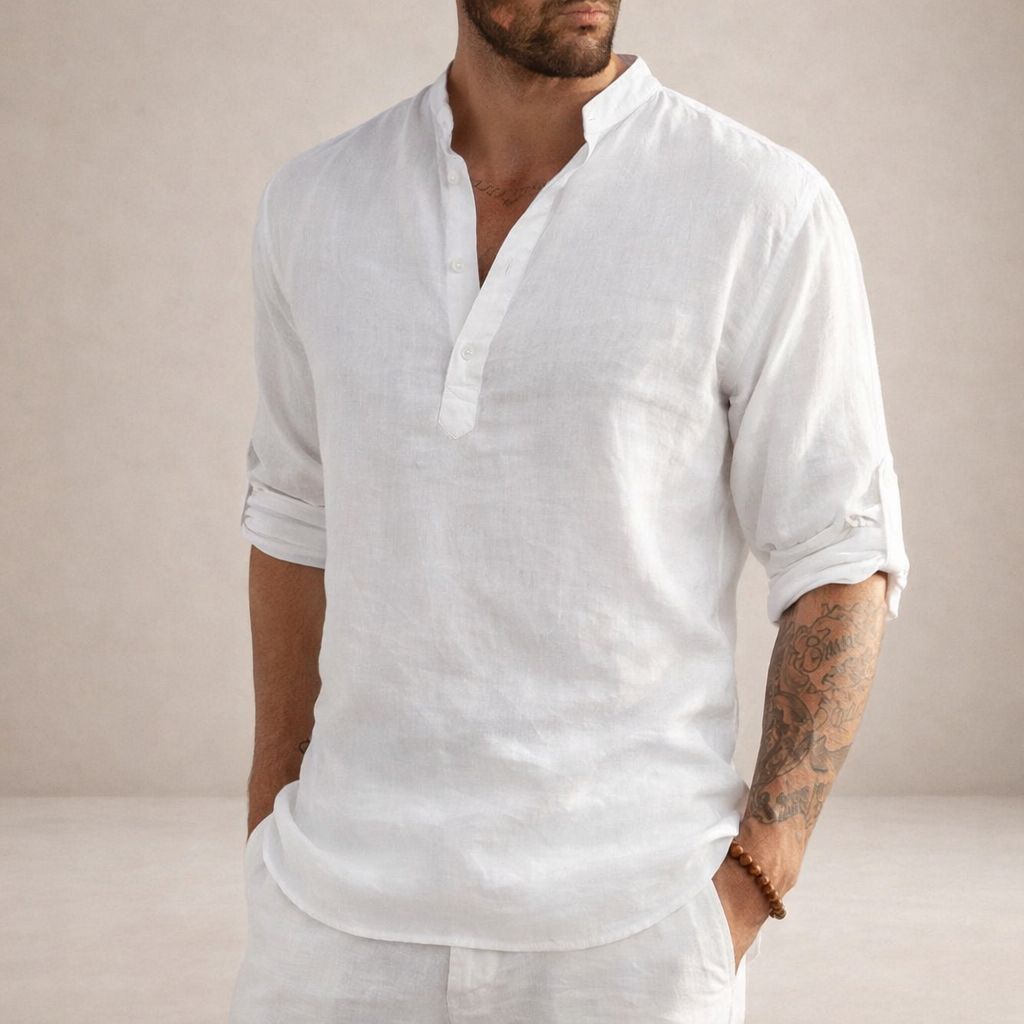 Camicia da uomo in lino con abbottonatura aperta, maniche arrotolate, vestibilità resort