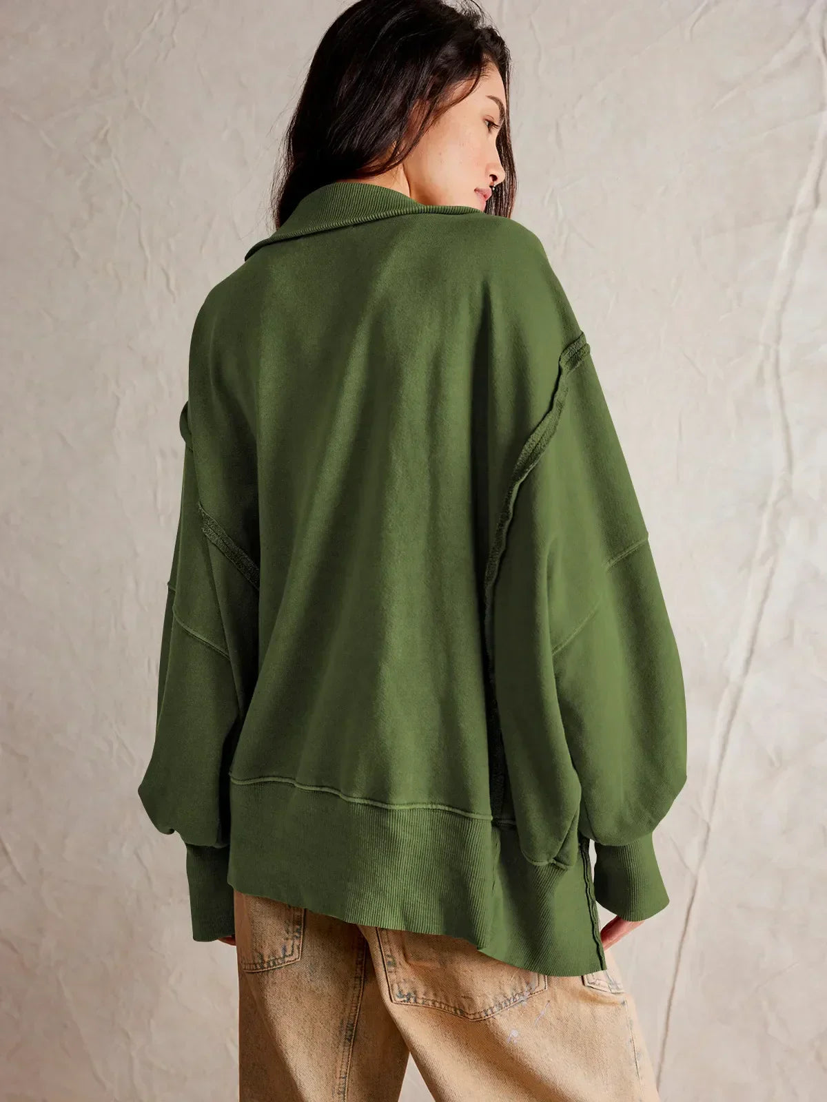 Γυναικείο φούτερ Henley σε oversized γραμμή – Μπλούζα χωρίς κουκούλα με εμφανείς ραφές και μανίκια-μπαλόνι