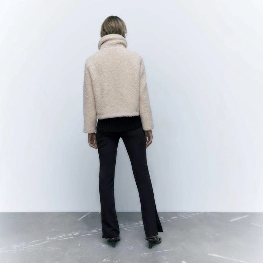 Casaco de lã polar macia estilo teddy para mulher, com fechos de gancho e gola subida - casaco curto de inverno quente e macio para o dia a dia casual