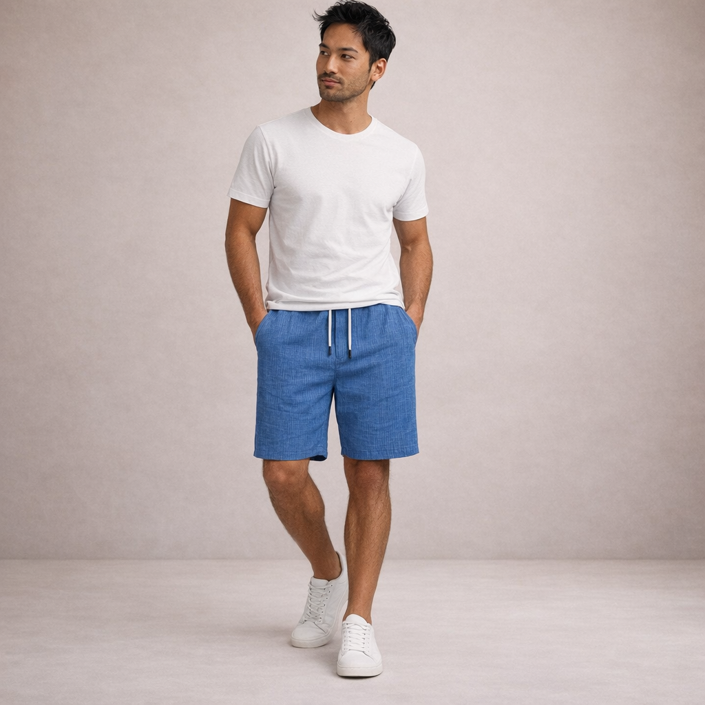 Pantaloni scurți de vară pentru bărbați din in, cu șnur, croială casual și lejeră