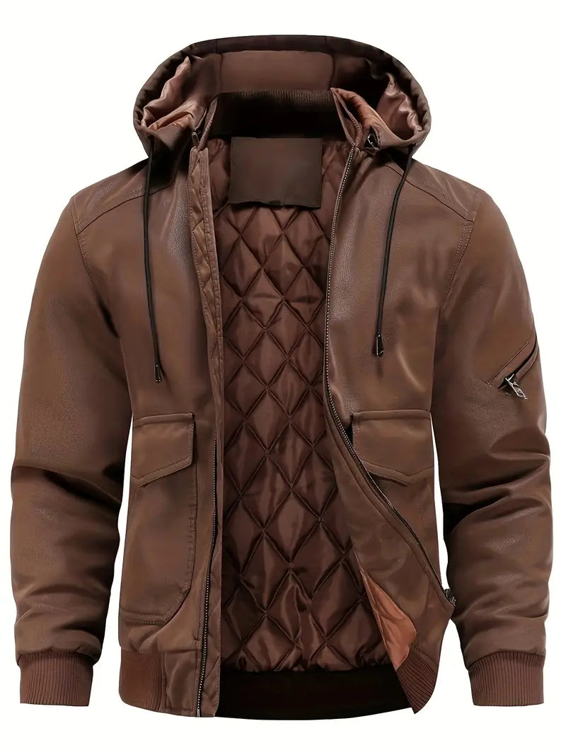 Men’s Hooded Leather-Style Winter Jacket – Quilted Lined Zip-Up Layer for Casual Everyday City Wear Autumn Winter Outfits and Cold-Weather Styling