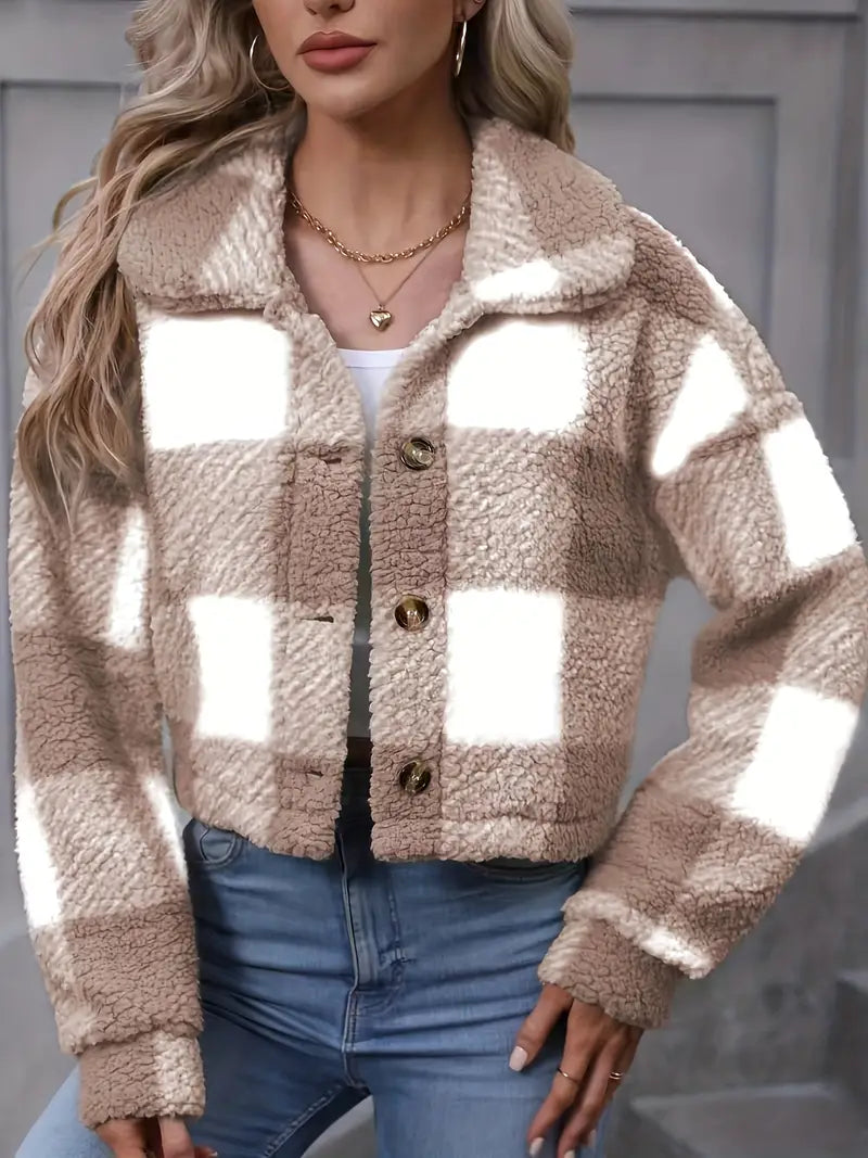 Women’s Checked Teddy Fleece Jacket – Soft Button-Front Winter Layer with Wide Collar for Cosy Everyday Styling
