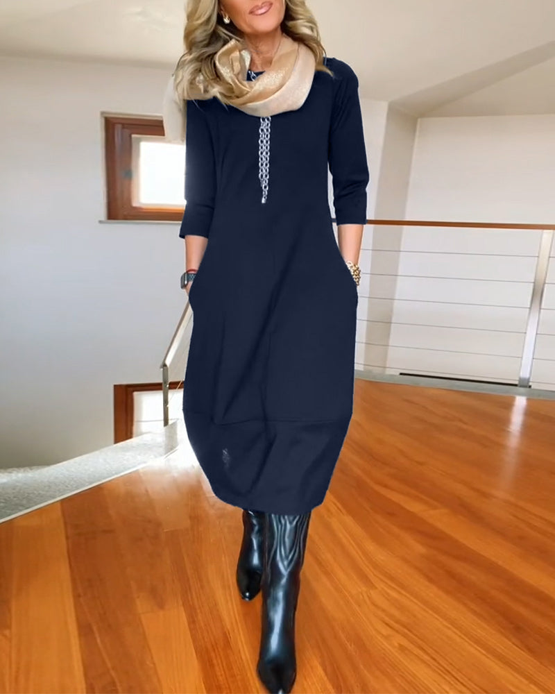Abito Maxi da Donna con Tasche, Maniche a Tre Quarti, Linea A