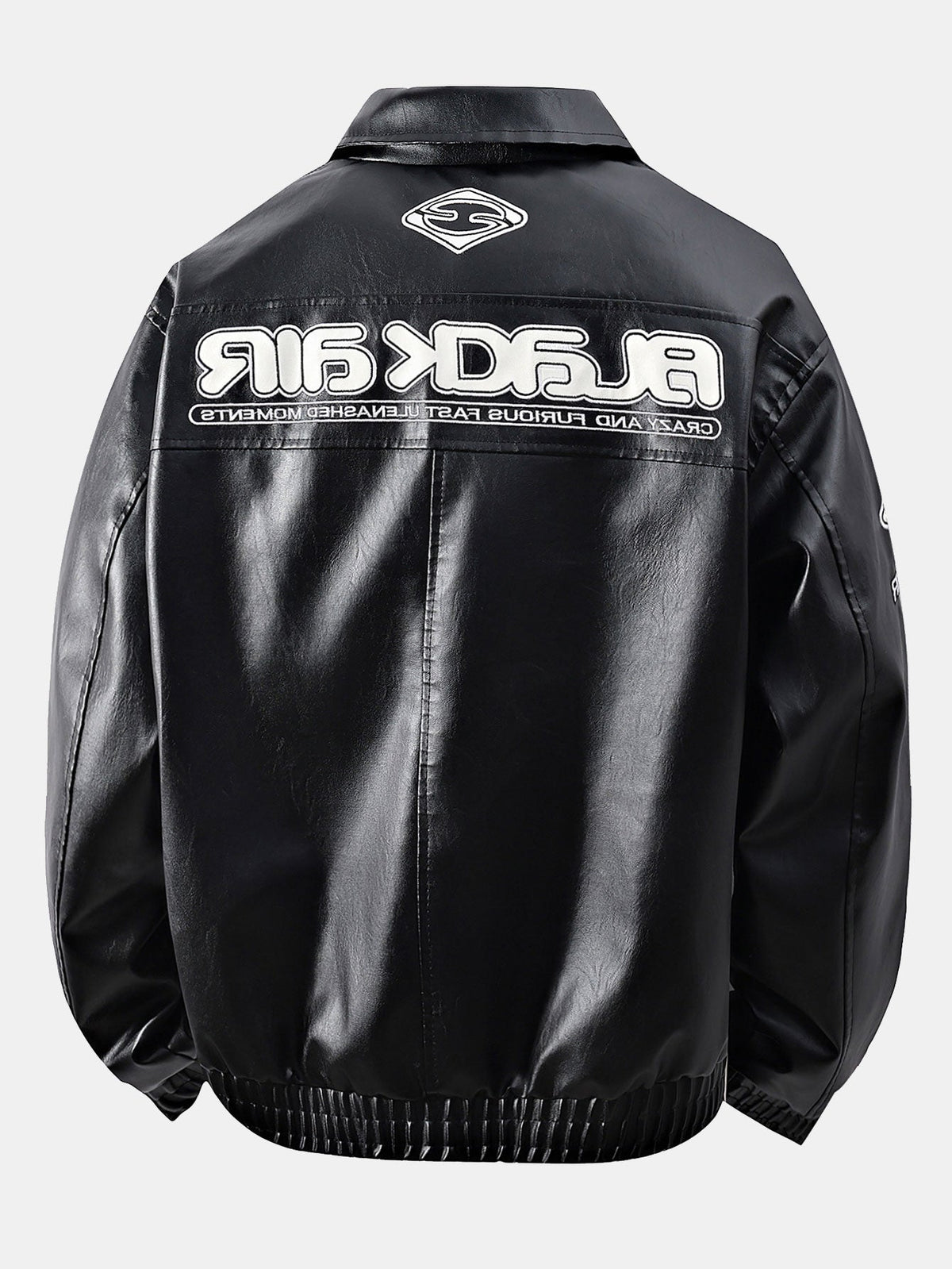 Chaqueta de carreras de cuero sintético para hombre con estampado gráfico: prenda de estilo motociclista con cremallera y corte holgado, ideal para vestir urbano