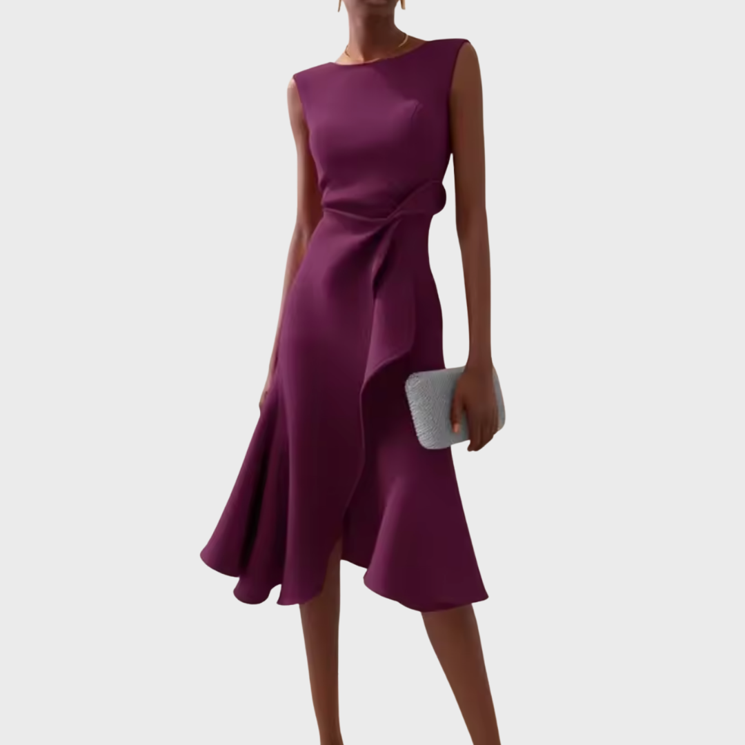Abito midi senza maniche da donna, stile serale asimmetrico drappeggiato
