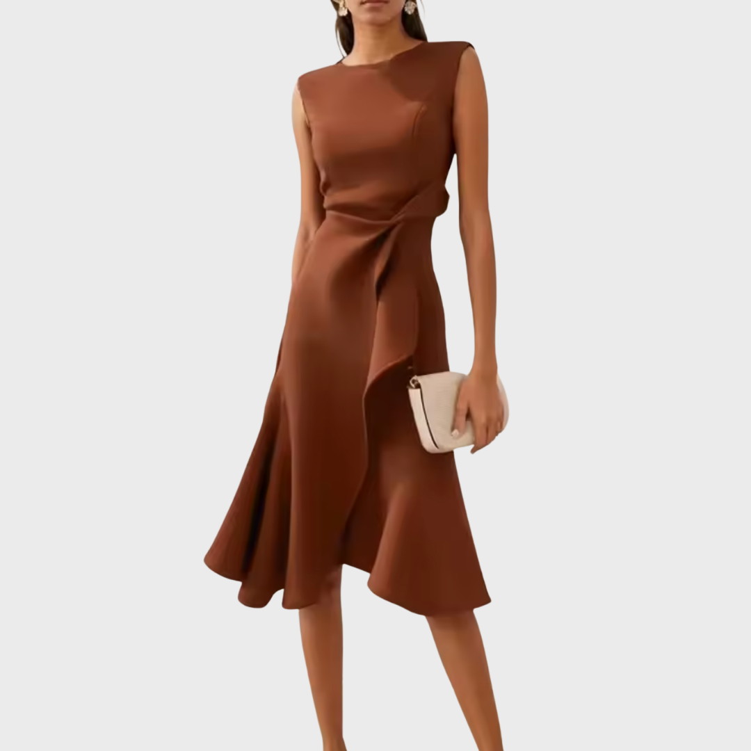 Abito midi senza maniche da donna, stile serale asimmetrico drappeggiato