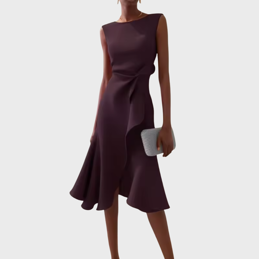 Abito midi senza maniche da donna, stile serale asimmetrico drappeggiato