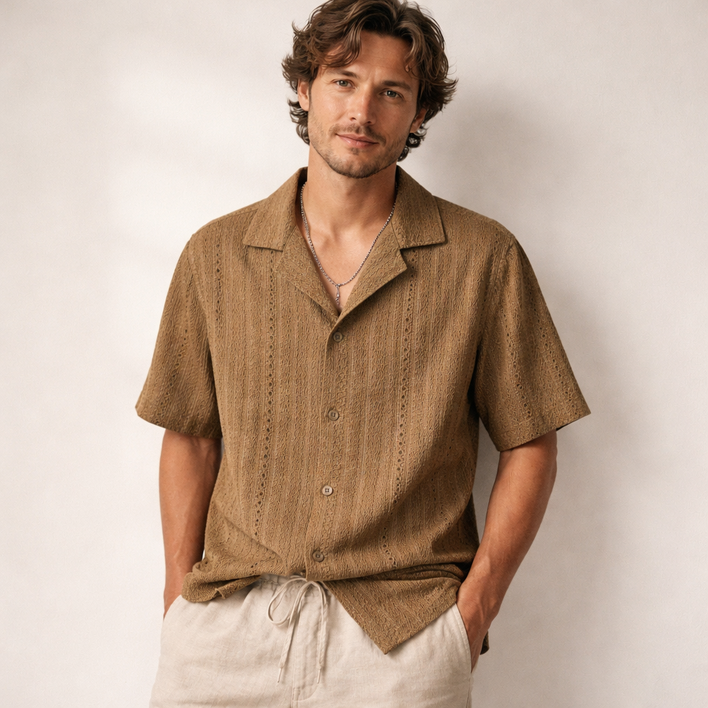 Camisa de hombre de manga corta con cuello abierto texturizado, top de botones para verano