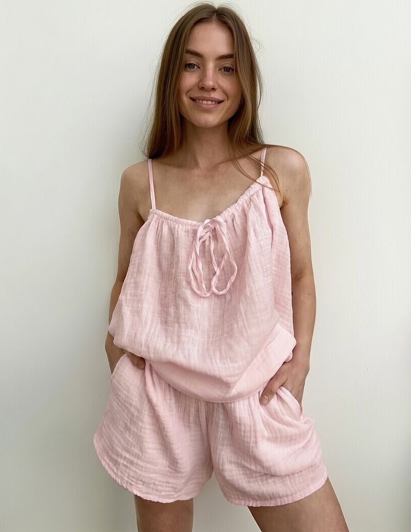 Set da casa donna in cotone stropicciato con canottiera e pantaloncini