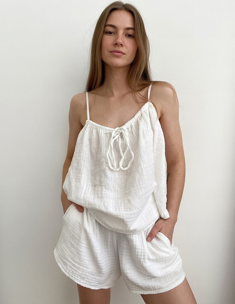 Set da casa donna in cotone stropicciato con canottiera e pantaloncini