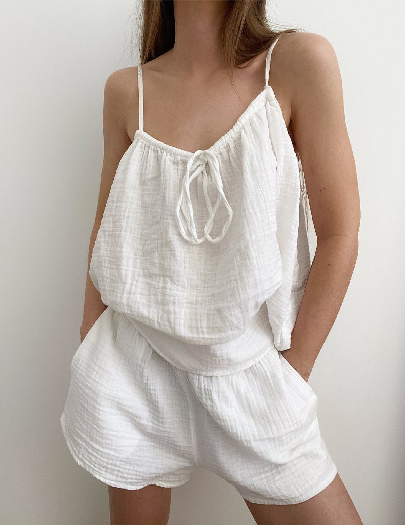 Set da casa donna in cotone stropicciato con canottiera e pantaloncini