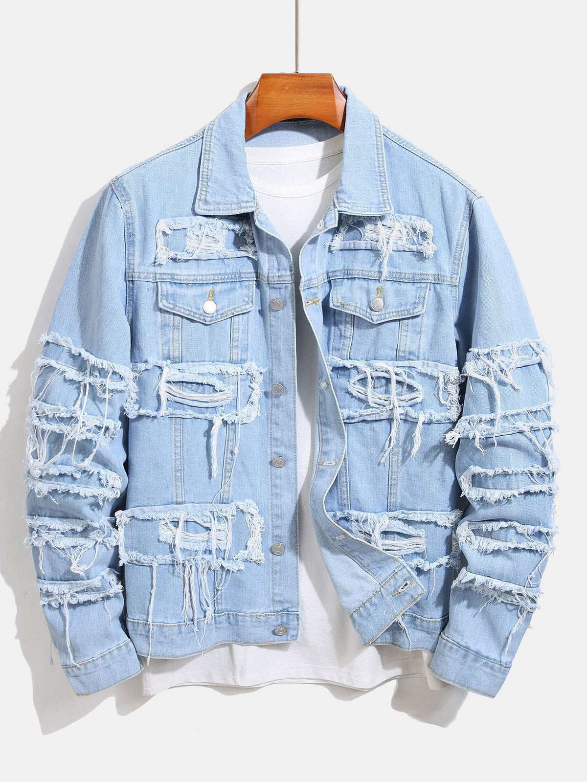 Men’s Distressed Denim Trucker Jacket with Frayed Detailing – Relaxed Fit Casual Streetwear Outerwear for Spring and Autumn