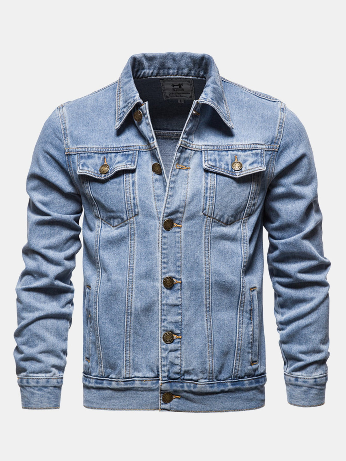 Veste trucker homme classique en denim délavé avec poches poitrine - Veste en coton à boutons, coupe classique, pour le printemps et l’automne