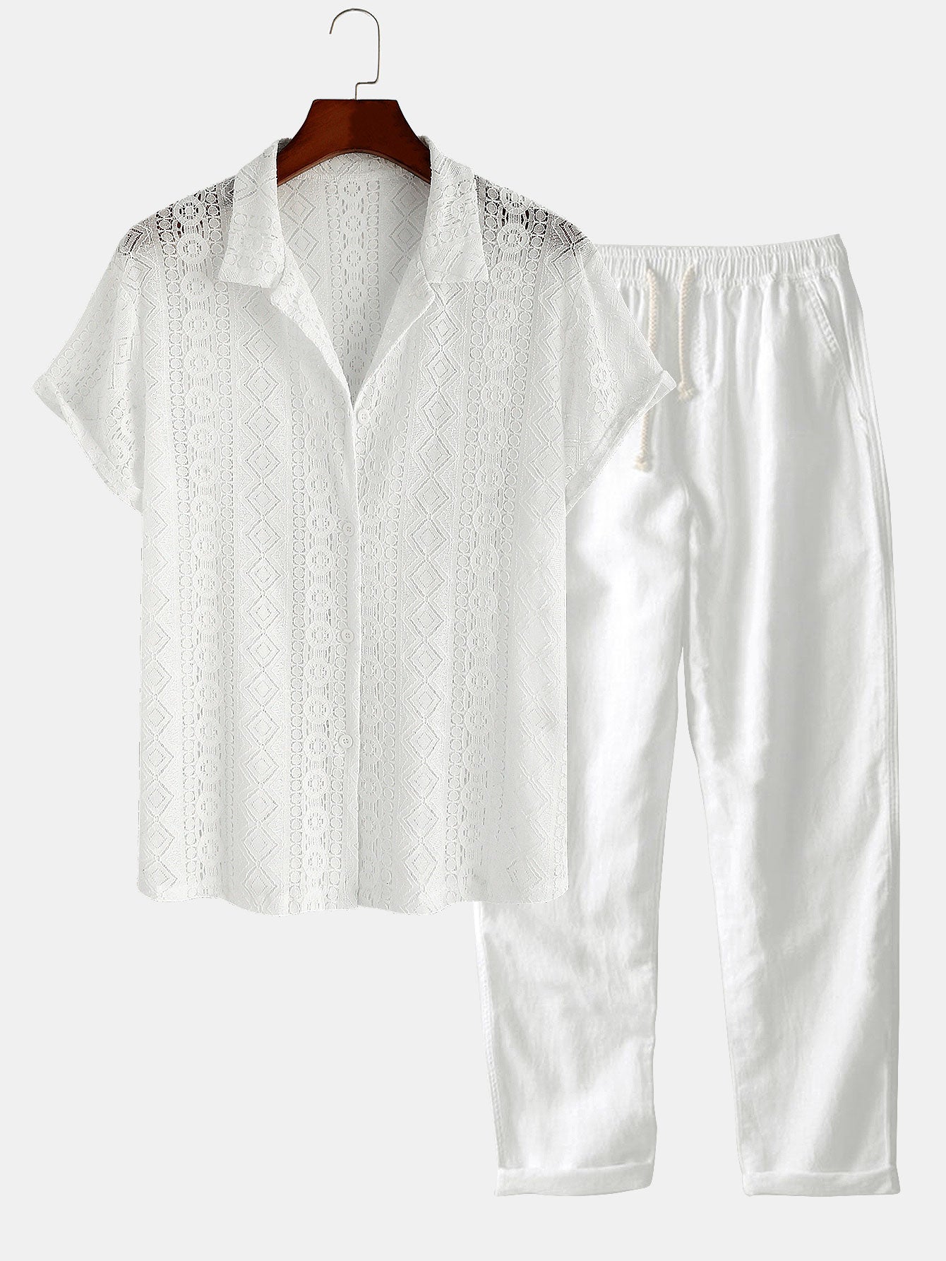 Men’s Cuban Collar Shirt Set with Linen Cotton Straight-Leg Trousers – Holiday Wear