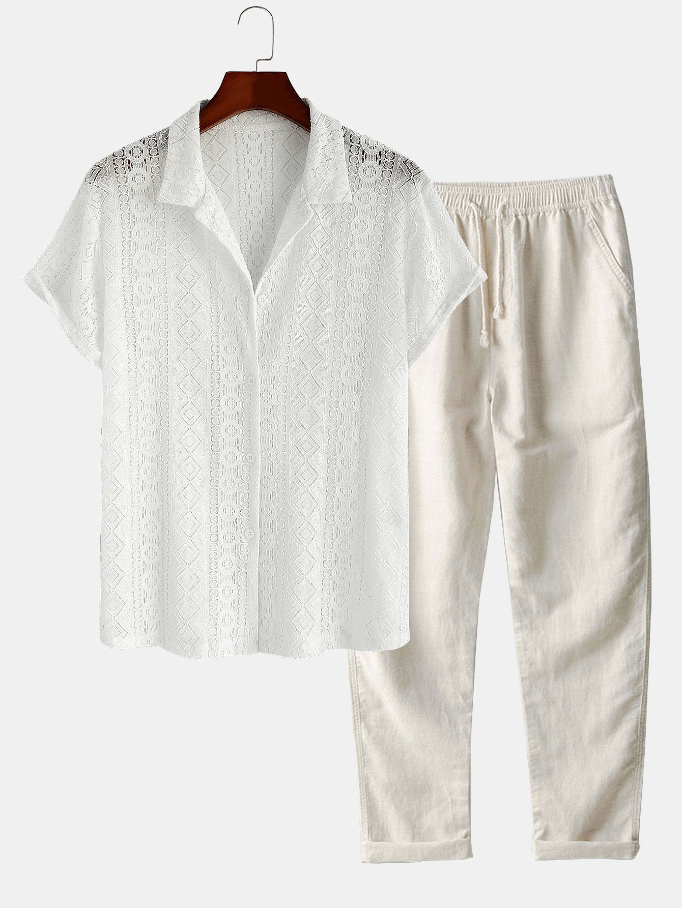 Men’s Cuban Collar Shirt Set with Linen Cotton Straight-Leg Trousers – Holiday Wear