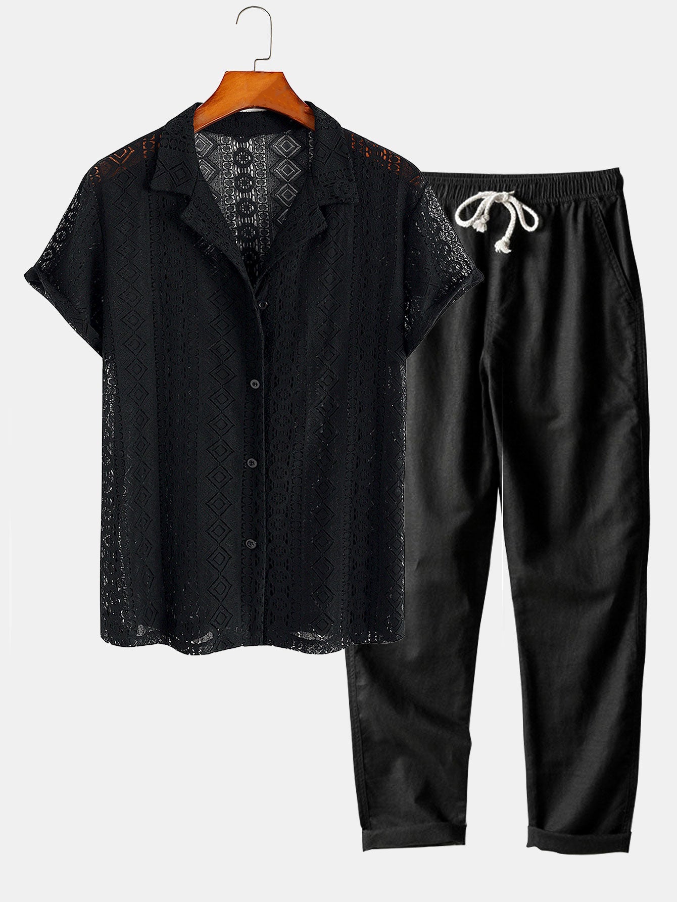 Men’s Cuban Collar Shirt Set with Linen Cotton Straight-Leg Trousers – Holiday Wear