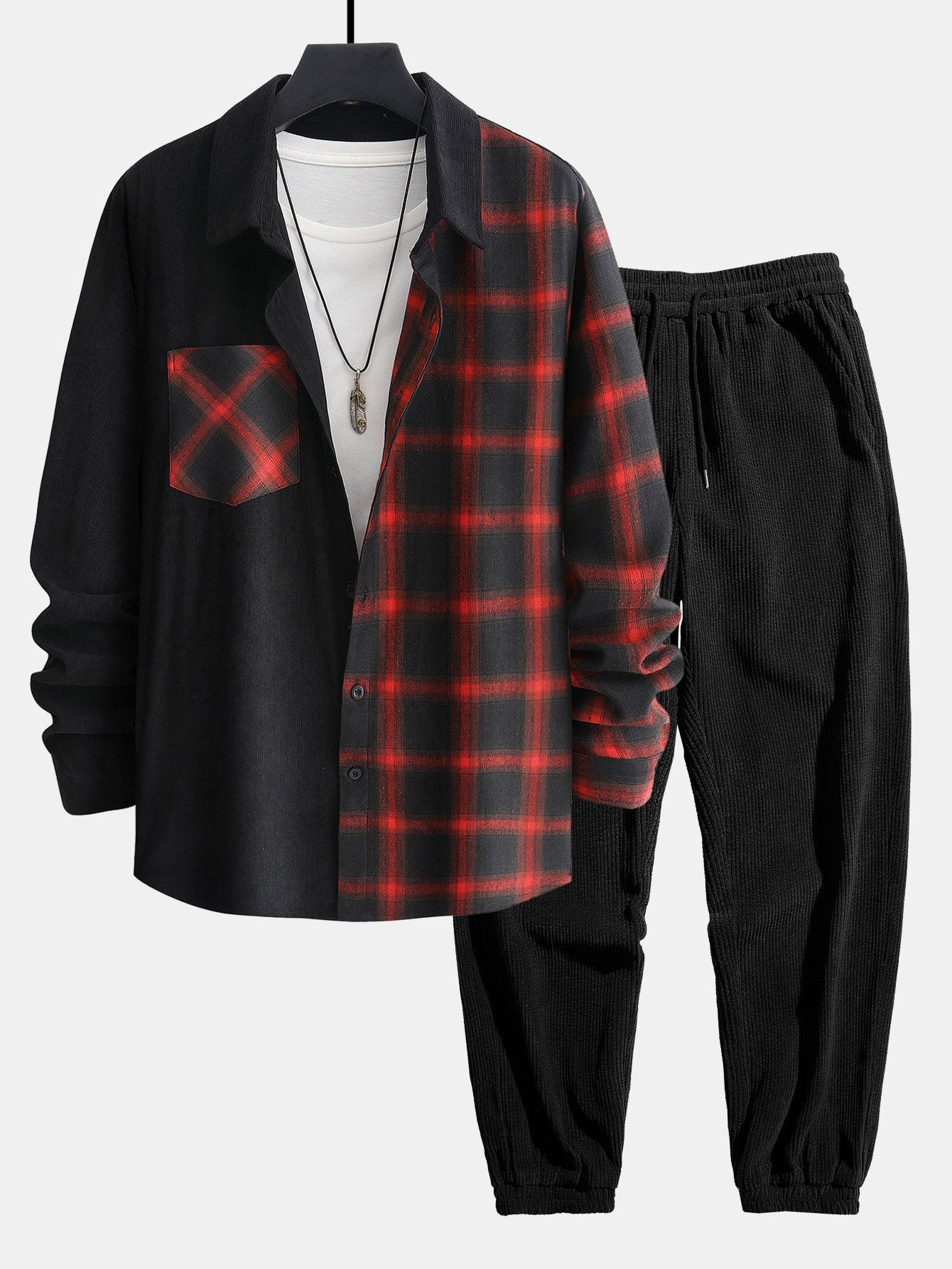 Men’s Corduroy Two-Piece Outfit – Printed Shirt and Drawstring Joggers for Autumn