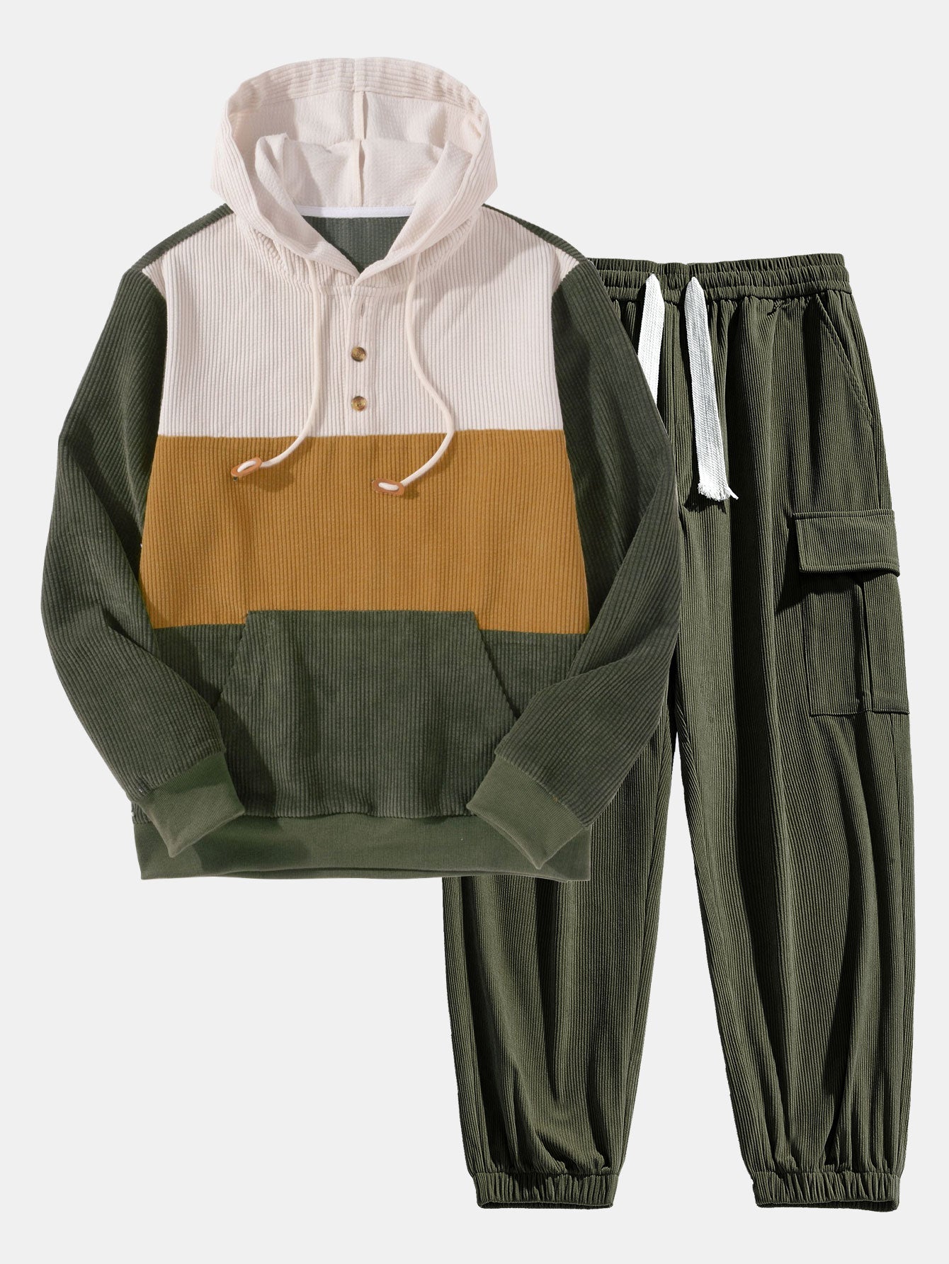 Men’s Corduroy Cargo Tracksuit – Patchwork Hoodie Set for Casual Utility Styling