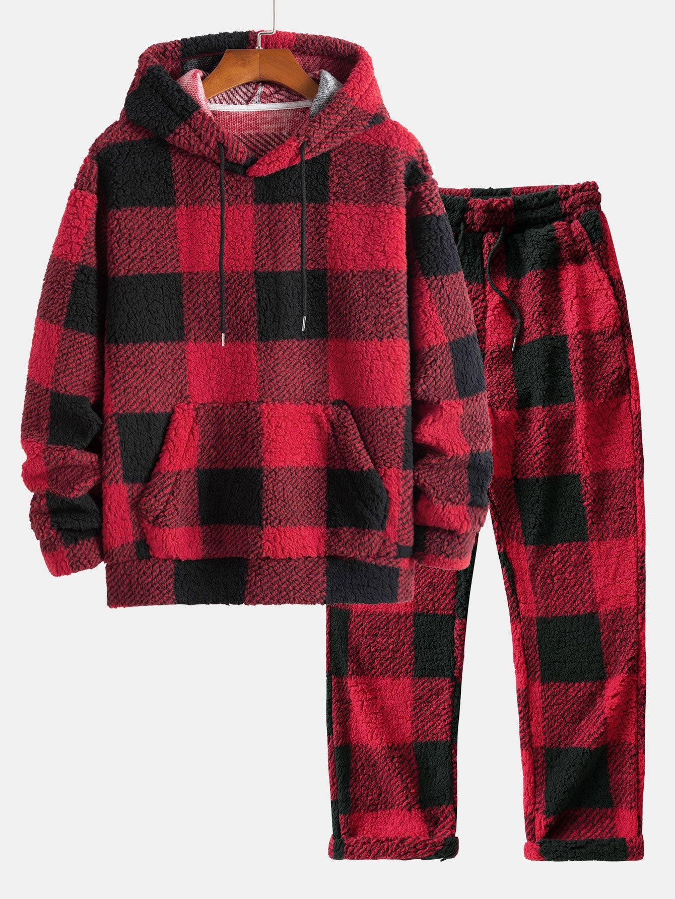 Men’s Checked Teddy Fleece Tracksuit – Hooded Two-Piece Set with Straight-Leg Trousers