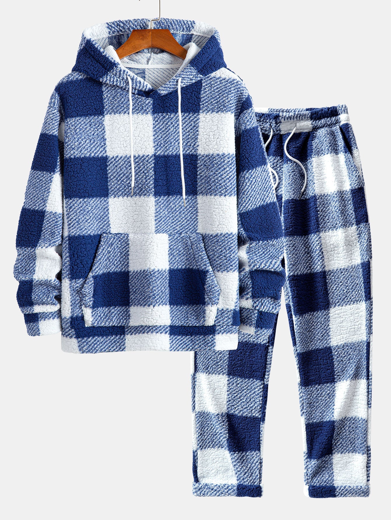 Men’s Checked Teddy Fleece Tracksuit – Hooded Two-Piece Set with Straight-Leg Trousers
