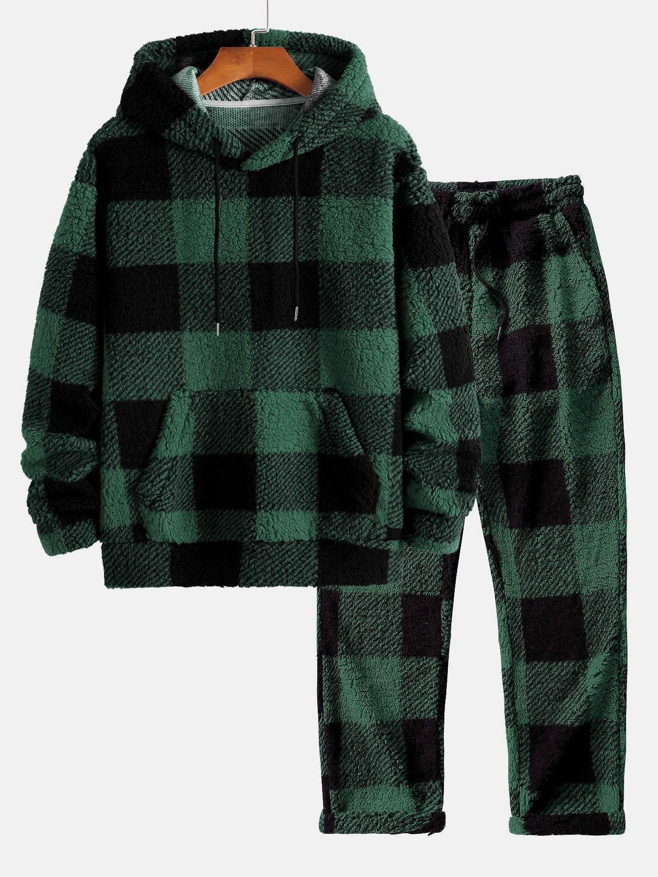 Men’s Checked Teddy Fleece Tracksuit – Hooded Two-Piece Set with Straight-Leg Trousers