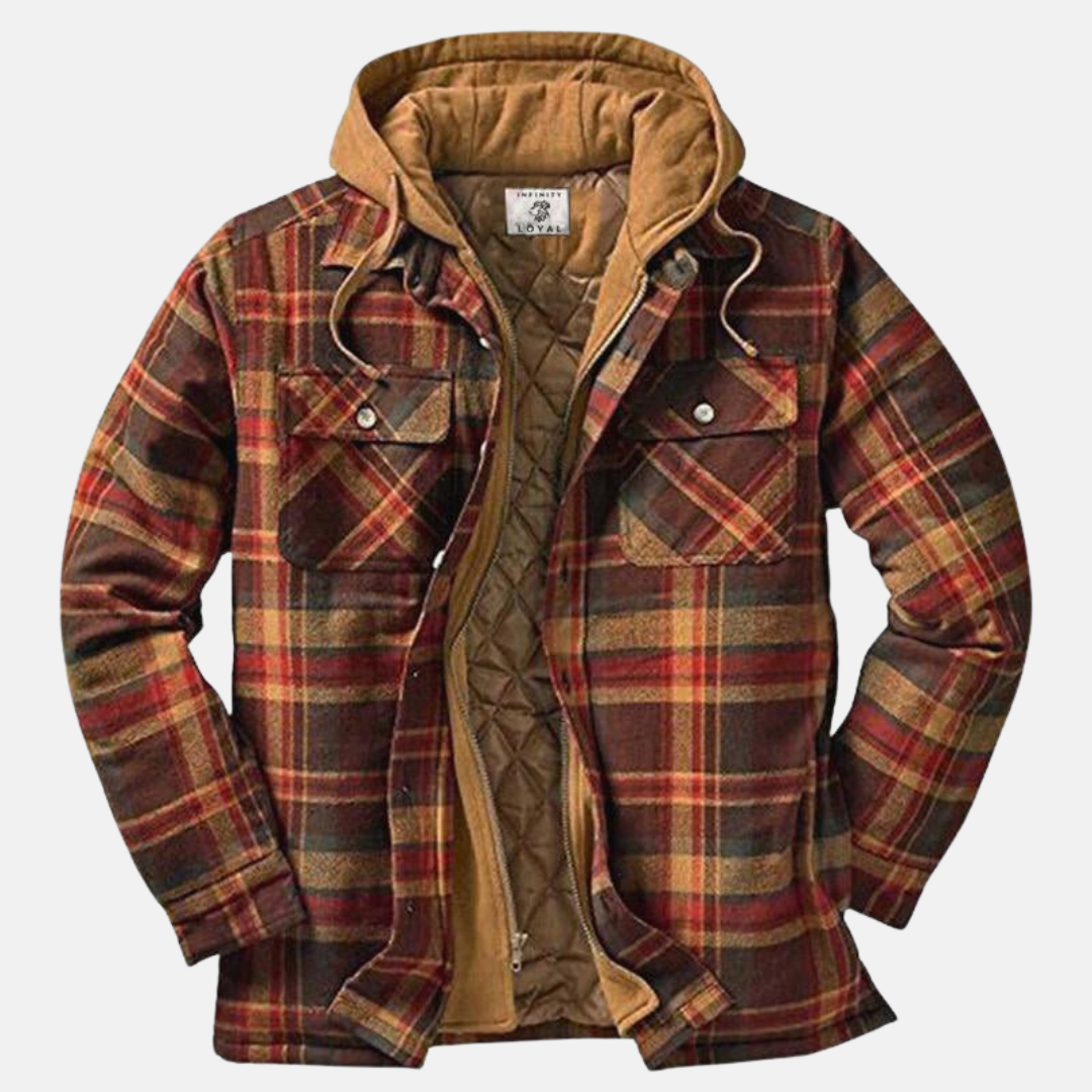 Men’s Warm Hooded Overshirt Jacket – Printed Quilted Layer for Outdoor Wear