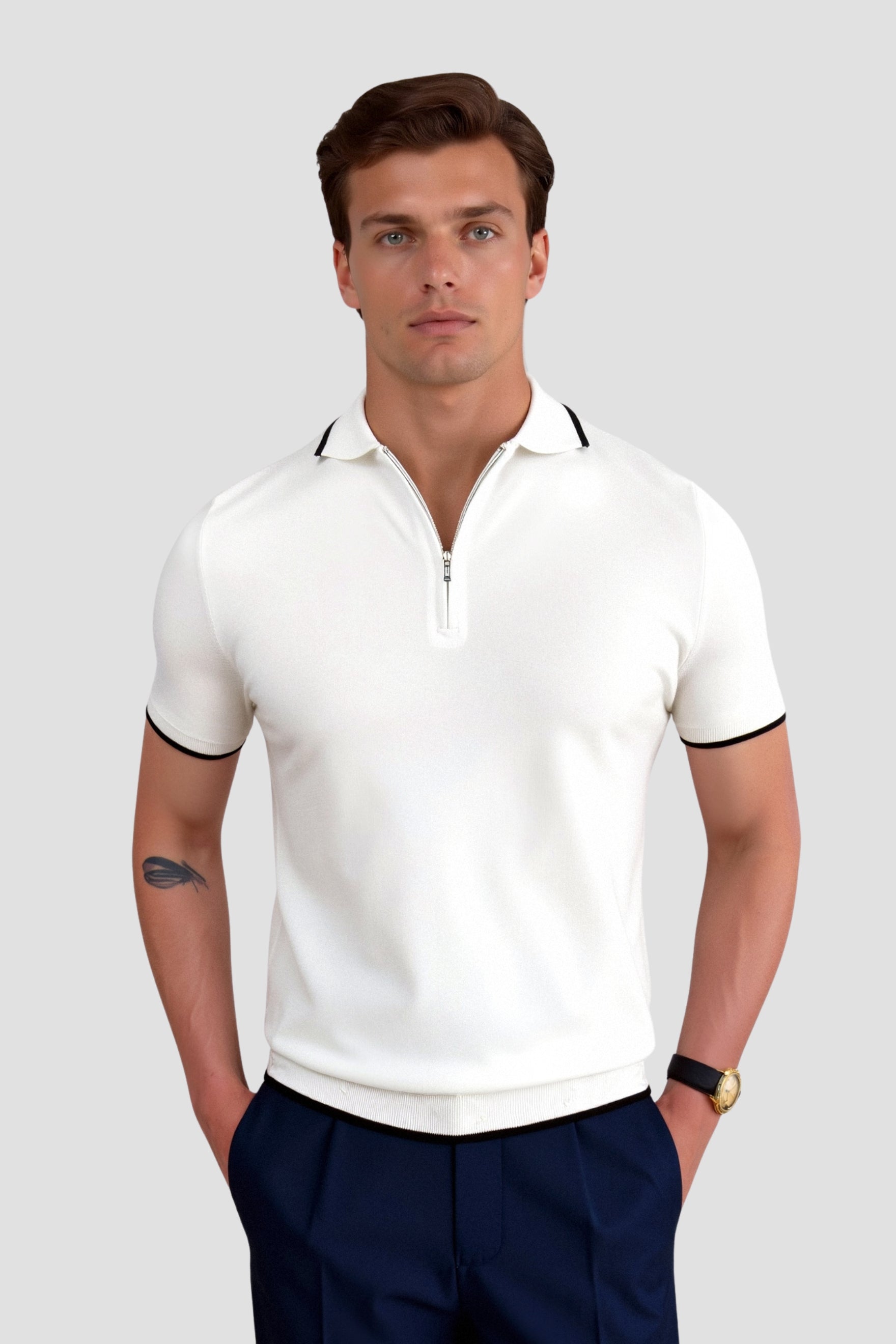 Herre polo med lynlås i halsen, smart casual, strikket sommerbluse