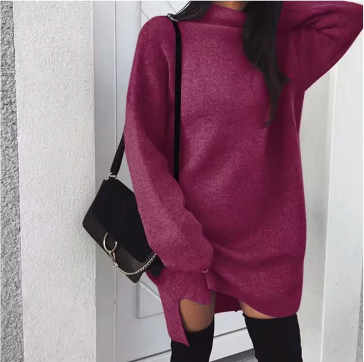 Robe-pull en laine et cachemire pour femme, avec col montant et fentes latérales – Style mini ample en maille pour une tenue douillette en automne et en hiver