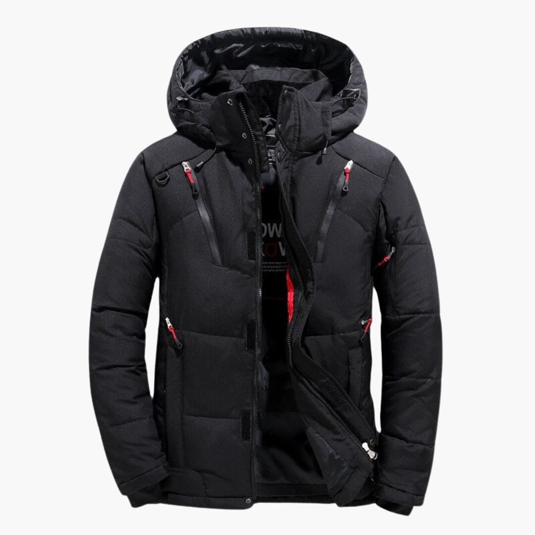 Men’s Weather-Resistant Hooded Down Jacket – Lightweight Insulated Multi-Pocket Layer for Active Winter Wear